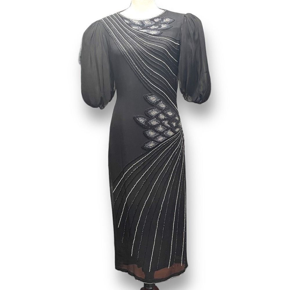 Oleg Cassini Women's Vintage Beaded Silk Cocktail Party‎ Dress Black Size 6